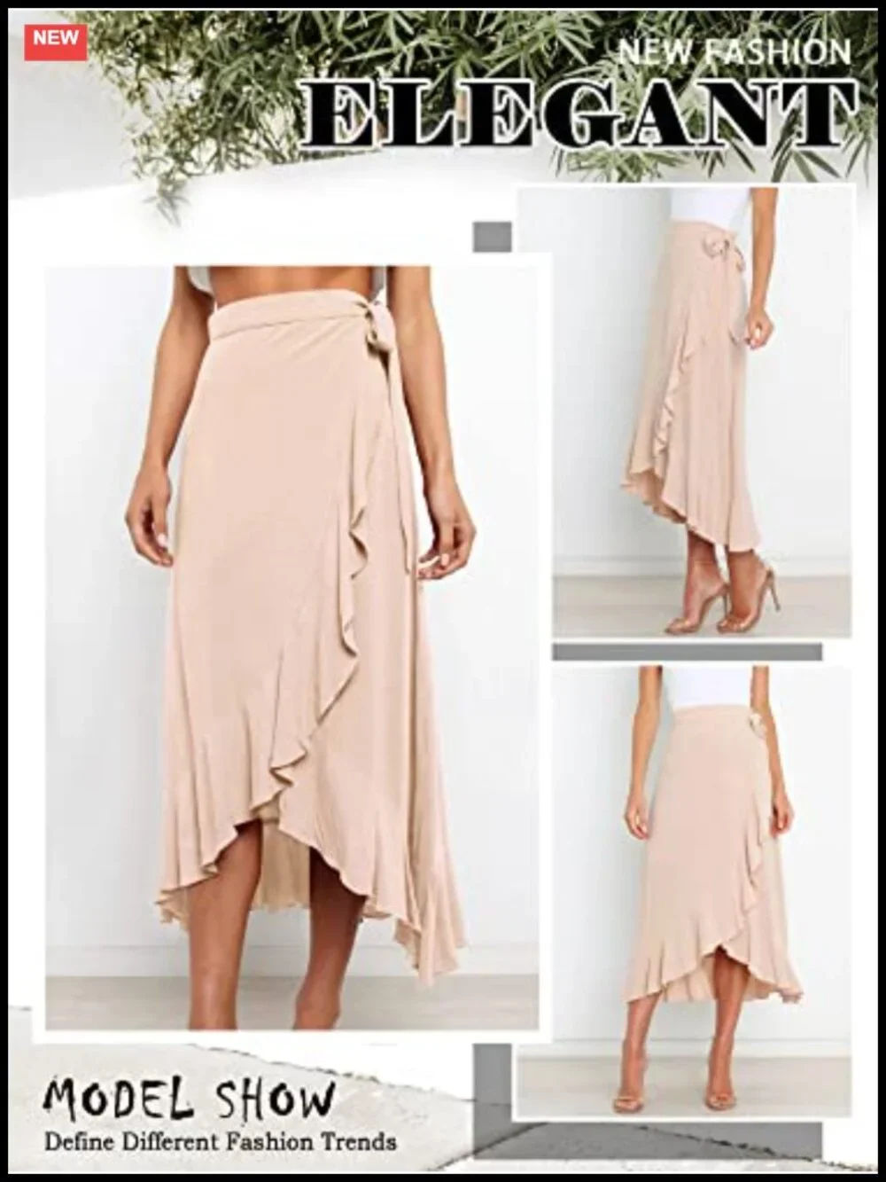 Women's Ruffle Wrap Midi Skirt Boho High Low Asymmetrical Tie Waist Flowy Dance